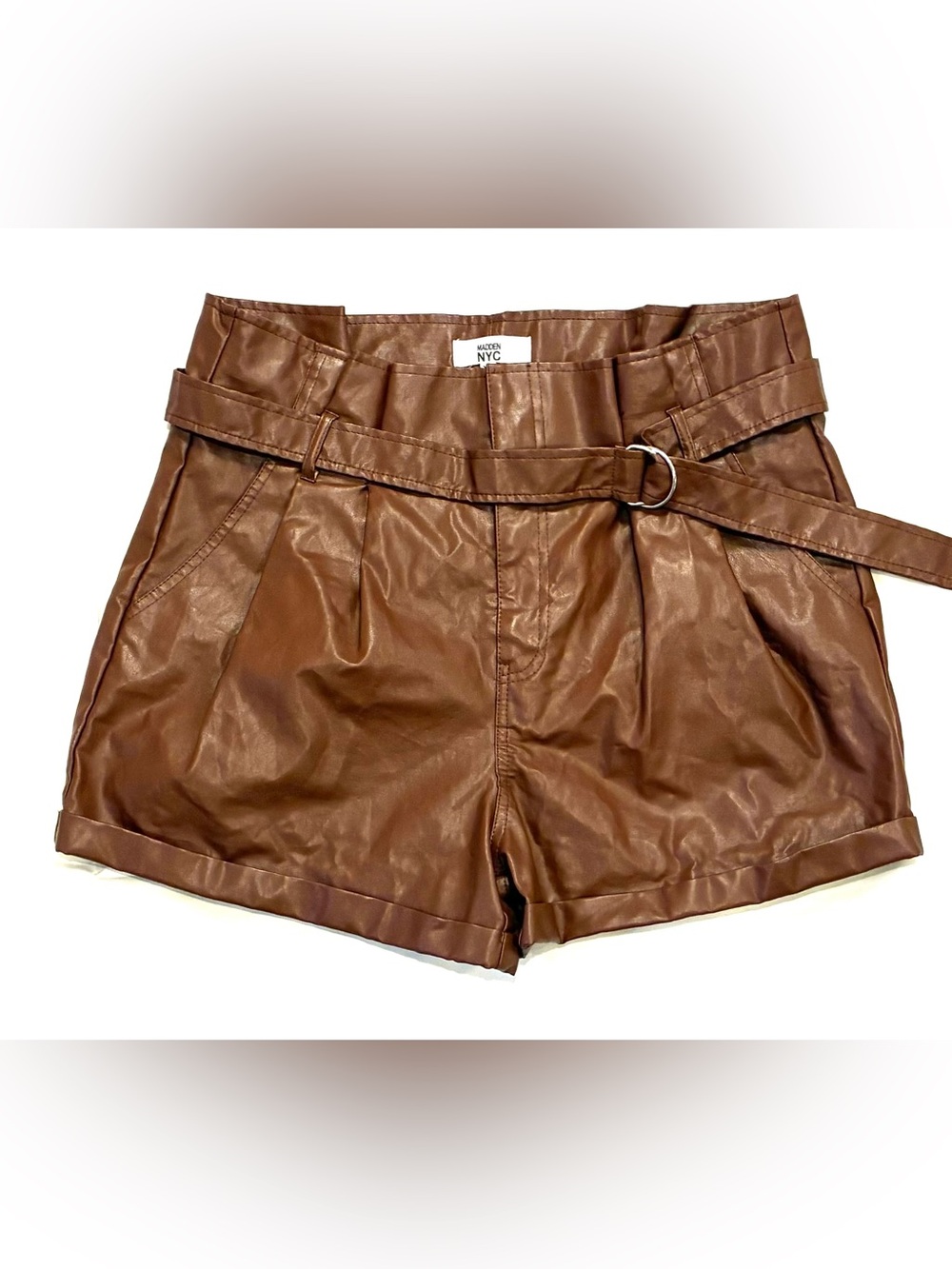 High-Waist Brown Faux Leather Women’s Shorts with Belted Waist